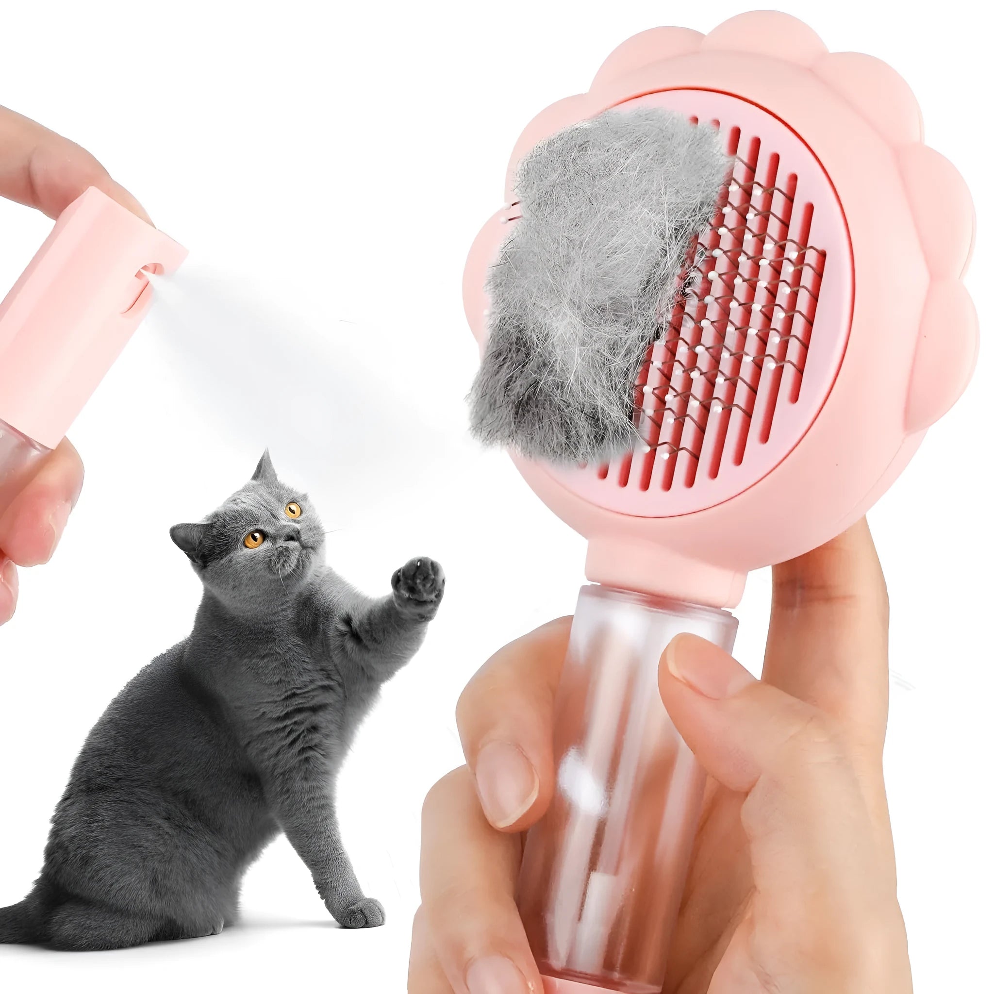 Grey spray cat brush with release button and water spray function on a white background