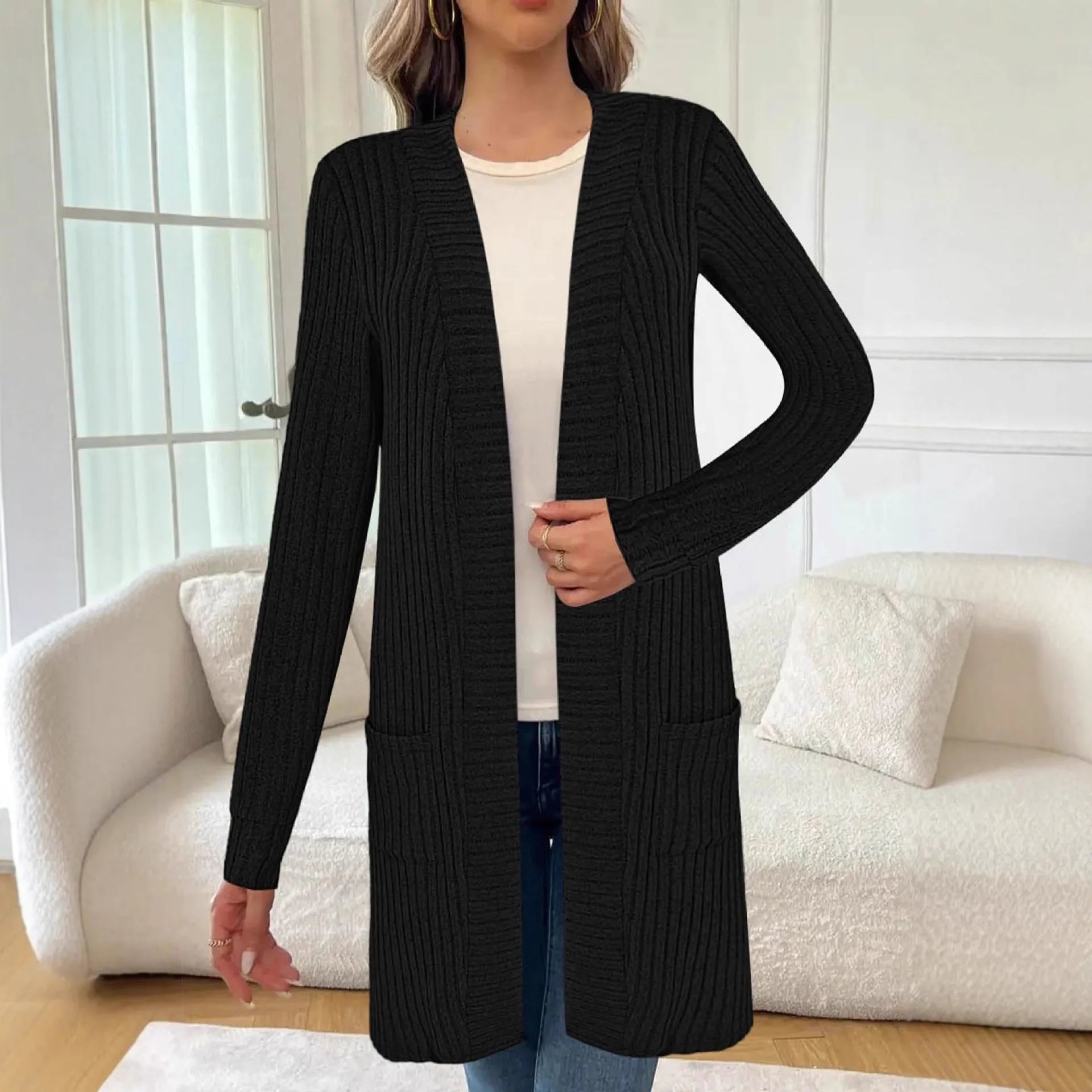Loose knitted cardigan jacket in black wine red or gray with long sleeves and pockets