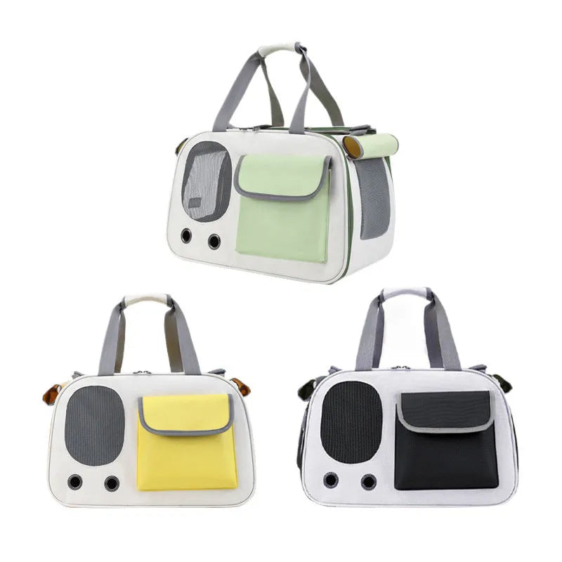Foldable canvas pet carrier backpack for cats and small dogs in yellow, green, or black colours