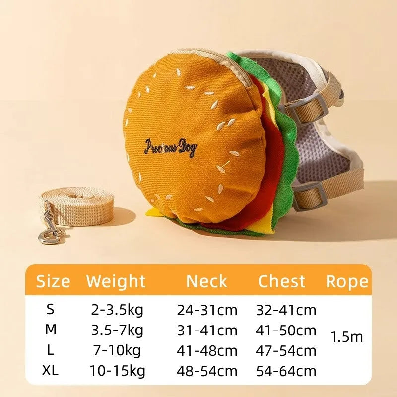 Cartoon hamburger chips design adjustable pet walking vest with escape proof construction