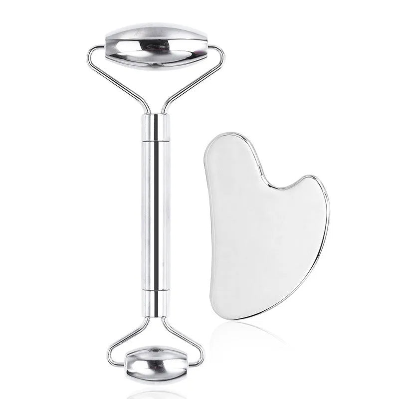 Stainless steel facial roller and scraping plate set for manual acupuncture and massage.