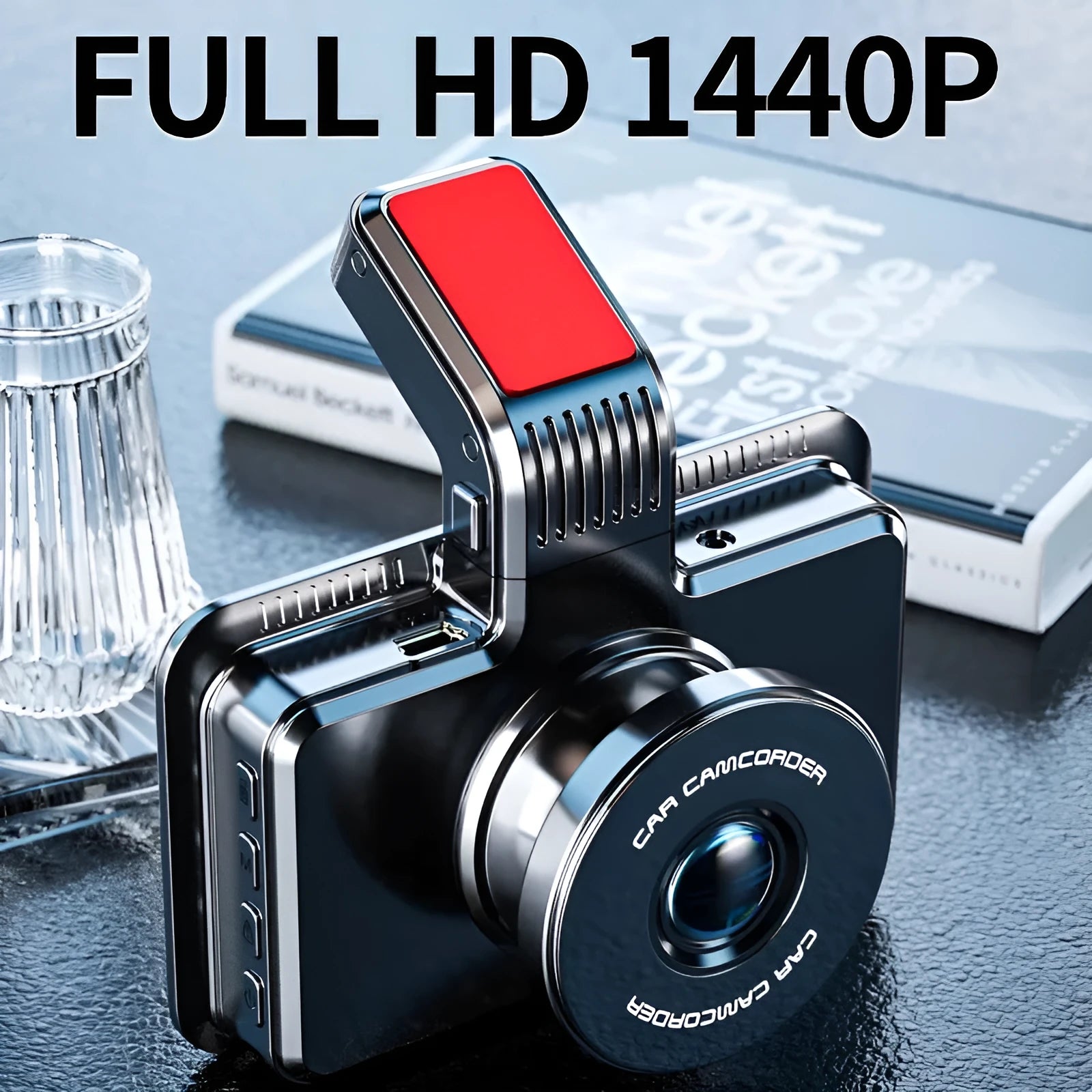 3-inch HD car dashboard camera DVR unit with separate rear camera and step-down cable for installation.