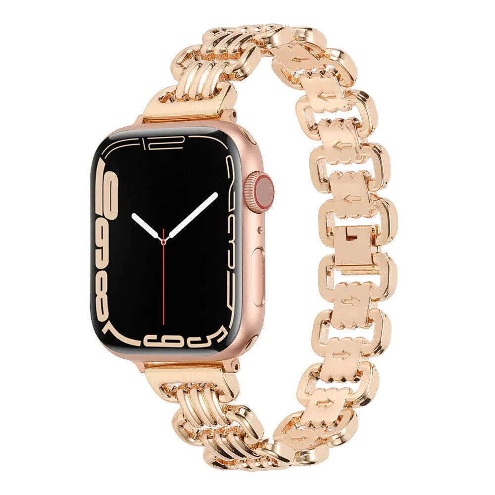 Alloy metal ladies watch bracelet for Apple Watch in silver, black, gold, rose gold, and Starlight colours.
