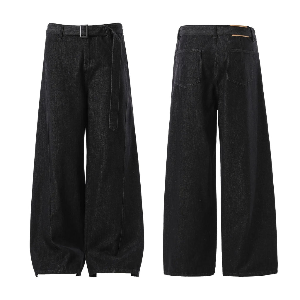 Black high waist straight leg jeans on a neutral background