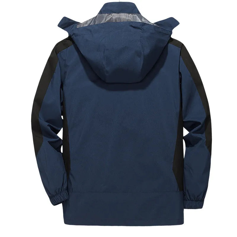 Men's windproof waterproof outdoor windbreaker jacket in grey solid colour polyester fibre for hiking and camping