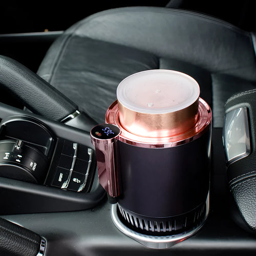 12V car mounted smart hot and cold cup with automatic temperature control in Blacker or Blue, ABS and aluminium alloy, 36W