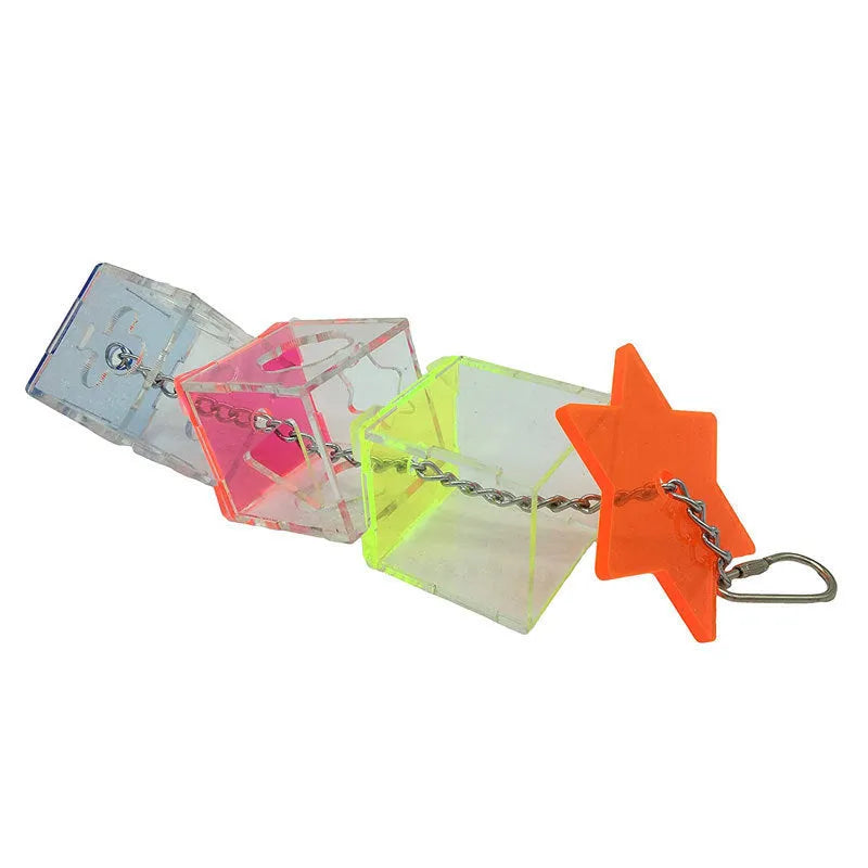 Clear acrylic parrot foraging toy measuring 5x5x32cm with food container design