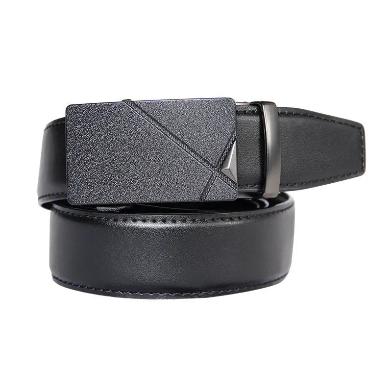 Men's automatic buckle leather belt in two-layer cowhide, 3.4cm wide, with alloy buckle, shown in Black