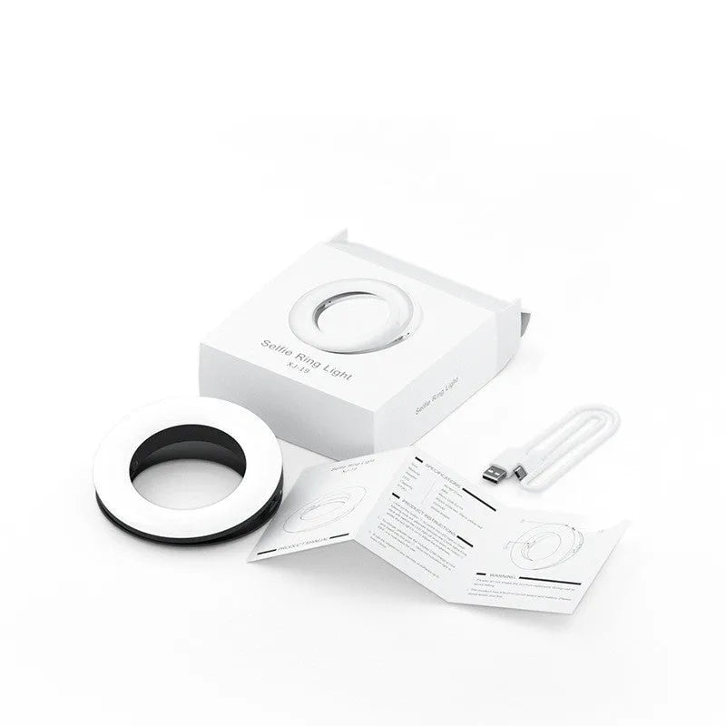Black portable LED ring light for mobile phones with USB charging cable