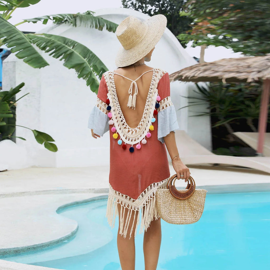 Orange floral beach overskirt with hand crochet stitching and bamboo cotton tassel decoration