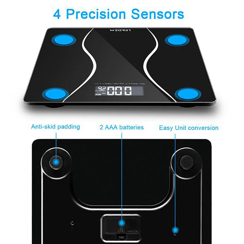 Black electronic body scale with digital display showing weight measurement up to 180KG