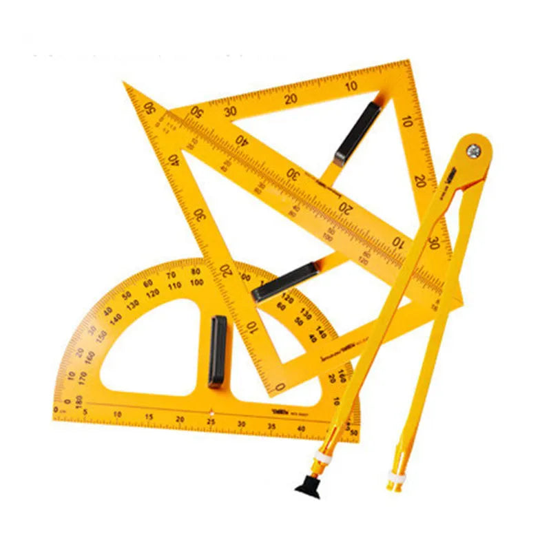 Orange and black plastic mathematics teaching tools set with triangle rulers, protractor and chalk compass