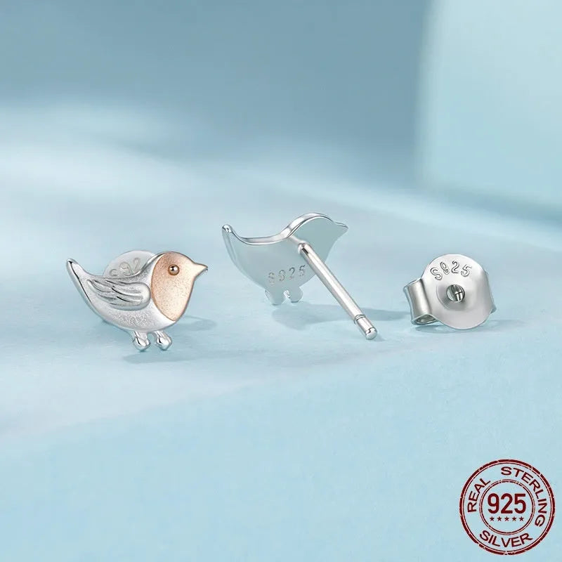 S925 sterling silver three-dimensional bird ear studs in colour SCE1944, supplied as a pair