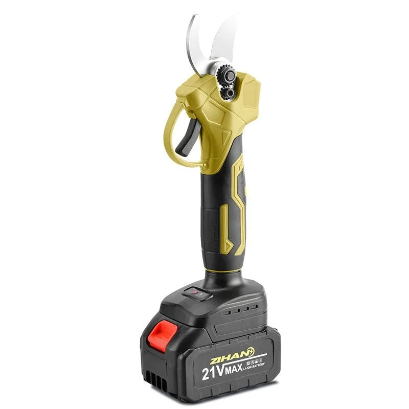 Electric pruning shear with lithium batteries and plastic storage case open showing compartments.