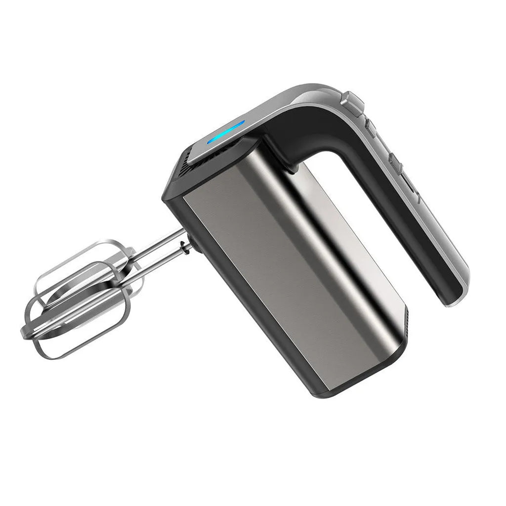 Silver handheld electric whisk with stainless steel beaters on a five-speed dial.