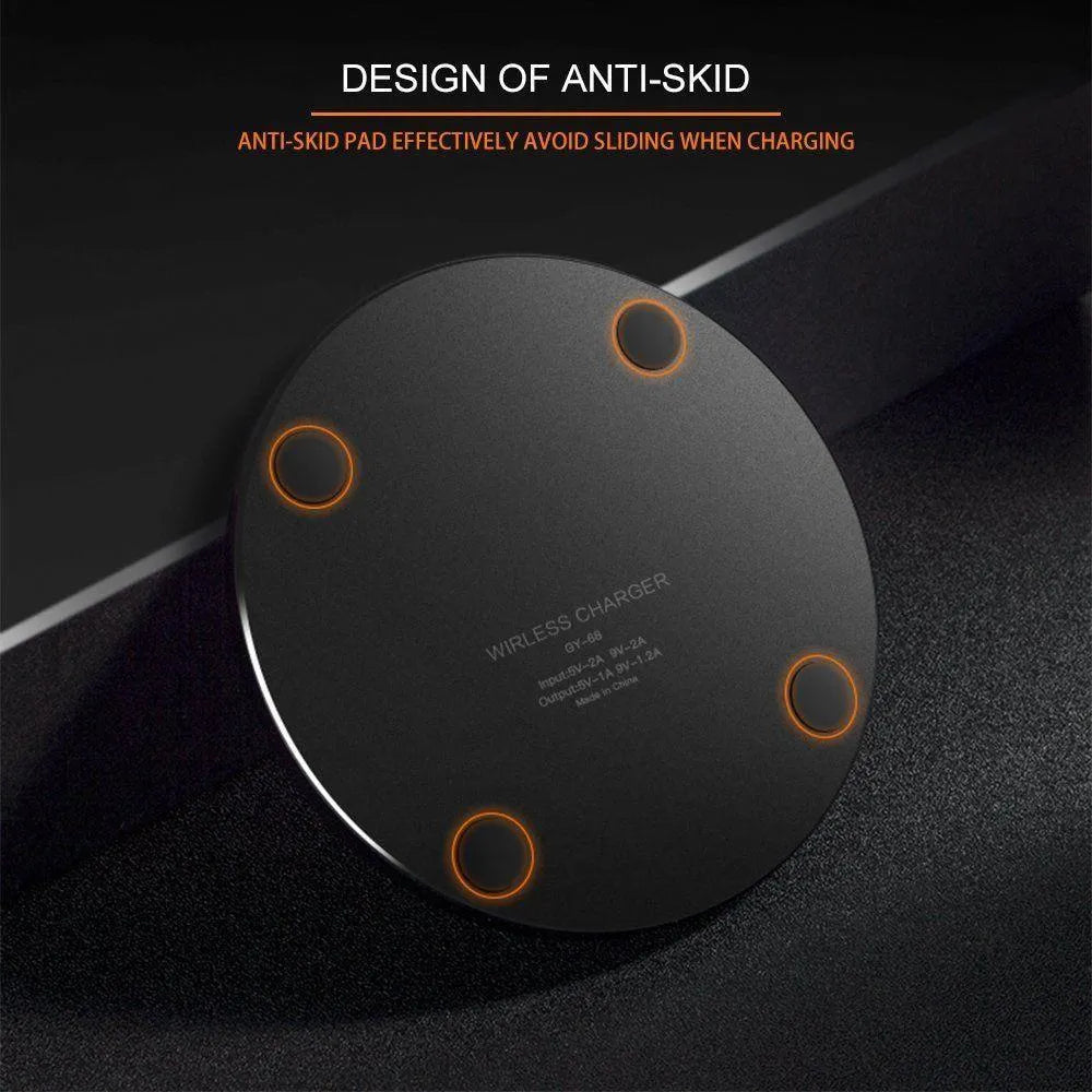 Black square ultra-thin wireless QI charging pad with dimensions 98mm by 98mm