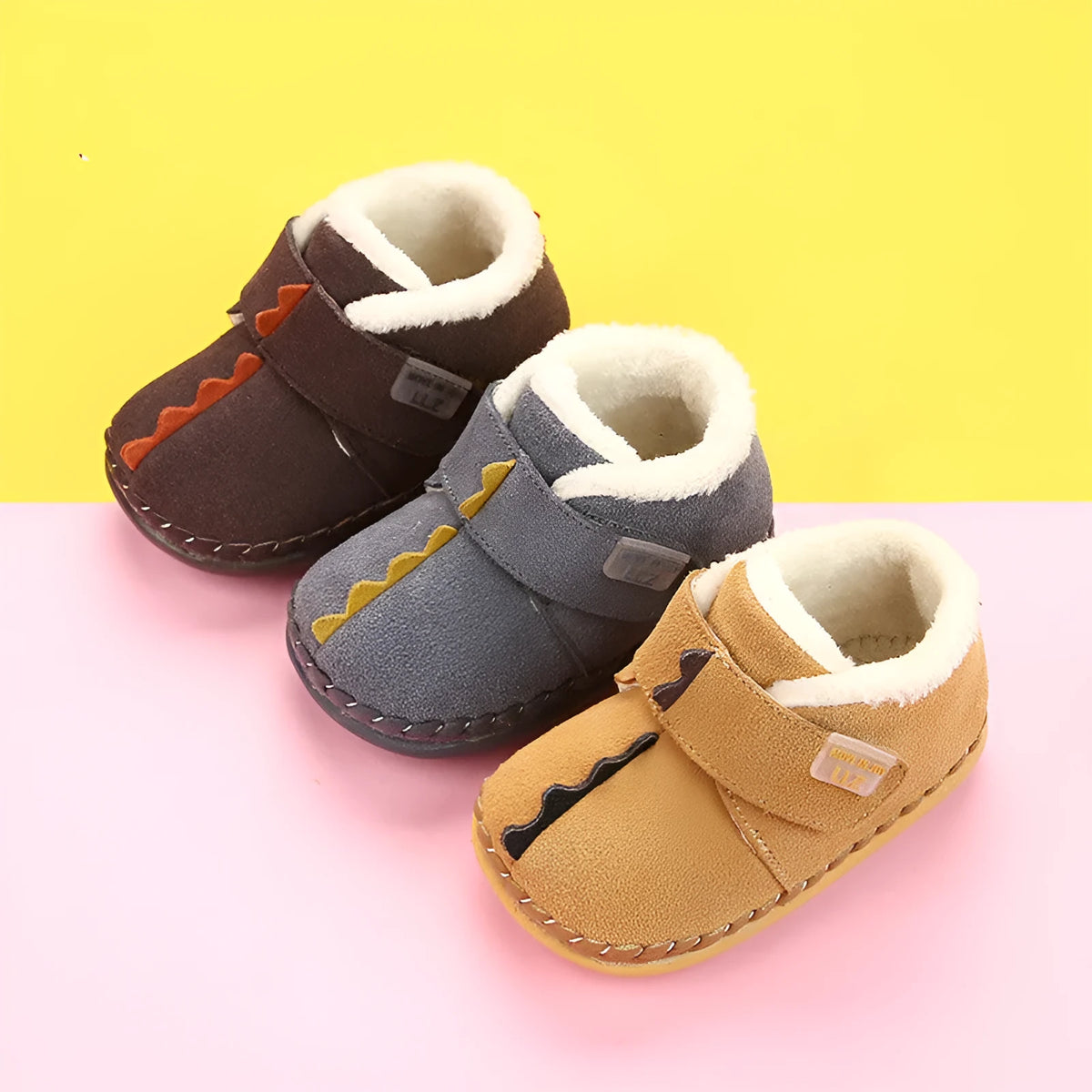 Children's winter cotton shoes with fleece lining and Velcro, in dark brown, grey, and camel.