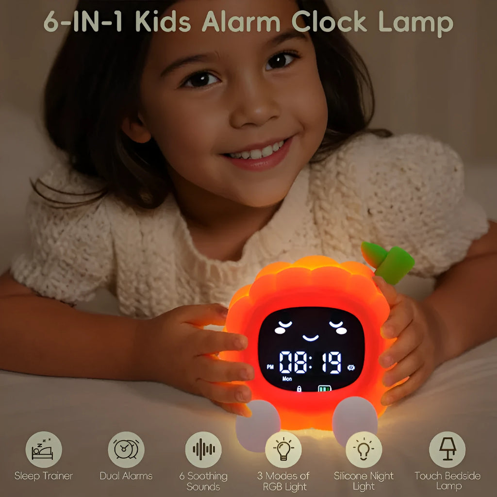 Cartoon lychee alarm clock with white noise and phone holder in silicone shell, over 15mm thick, litchi colour