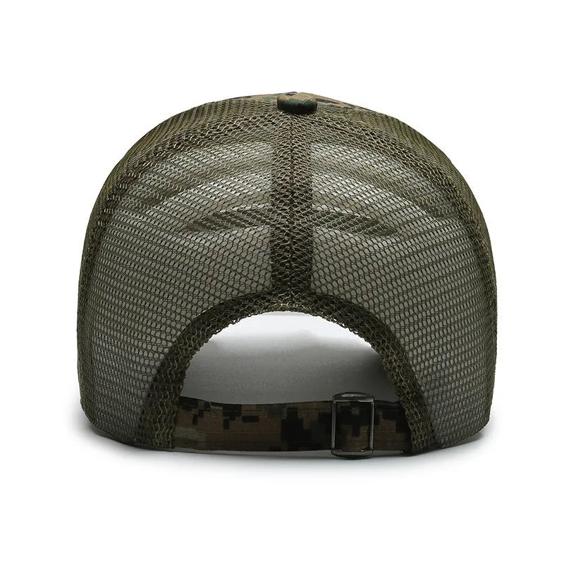 Tactical baseball cap with adjustable velcro strap in a camouflage or digital grid pattern.
