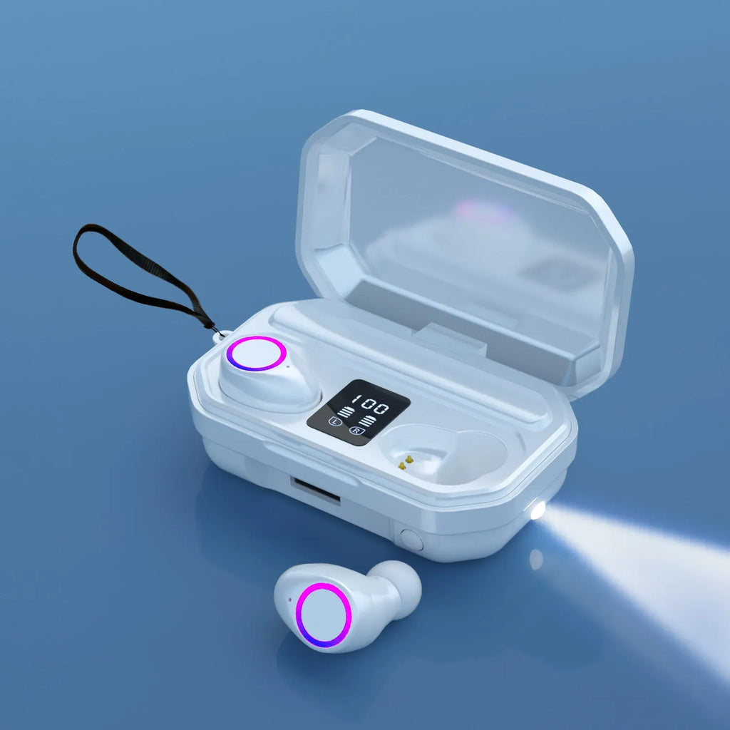Wireless Bluetooth headset with LED battery display on charging case