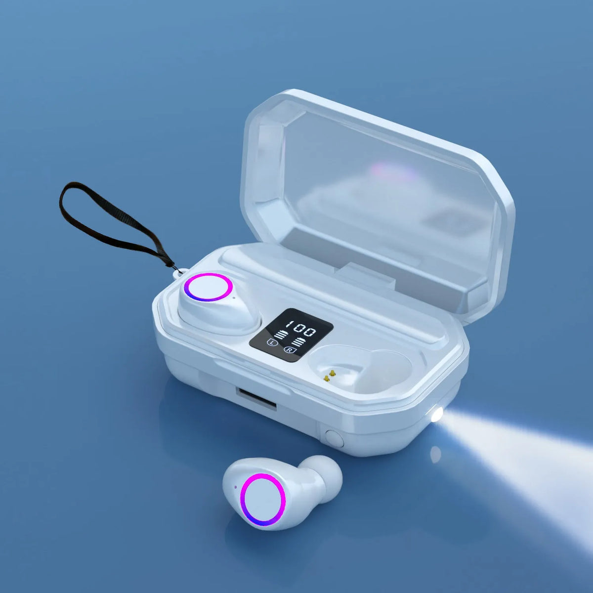 Wireless Bluetooth headset with LED battery display on charging case