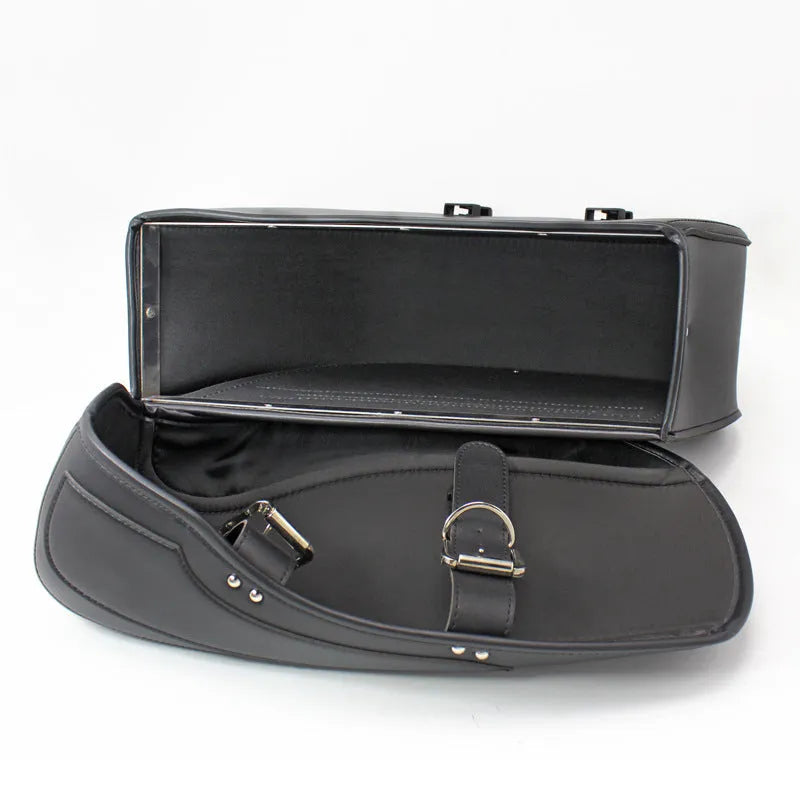 Retro motorcycle side box in PU leather measuring 42cm long with black and brown colour options