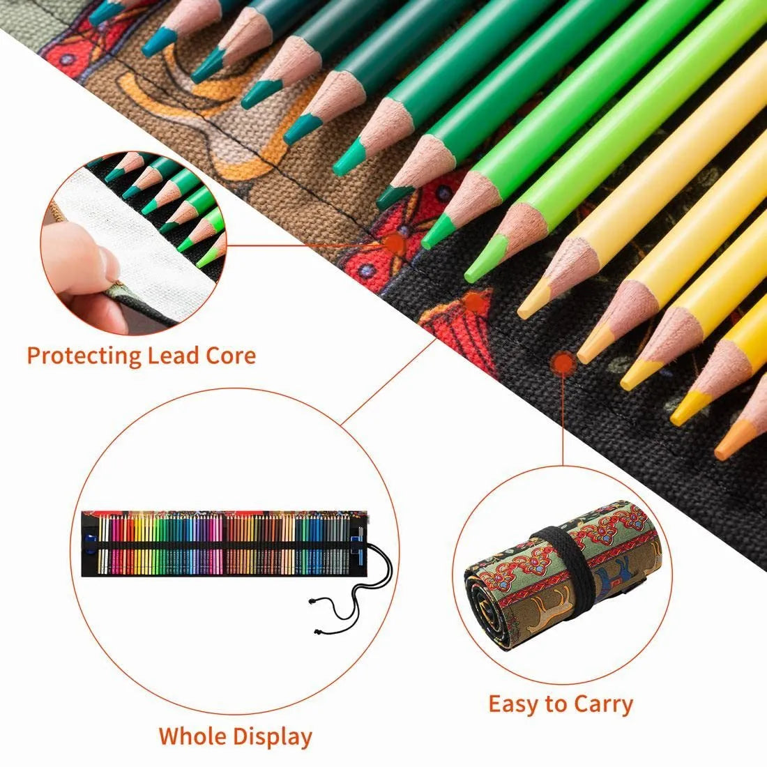 Wooden round brush pot holding 72 oily coloured pencil refills with HB hardness for art painting and child drawing.
