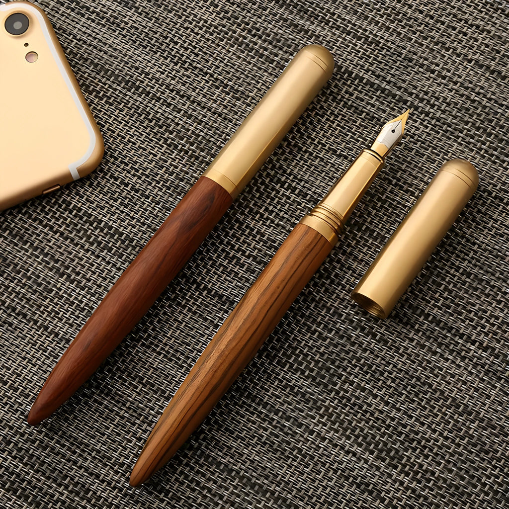 Brass and sandalwood fountain pen with 0.7mm nib on white background