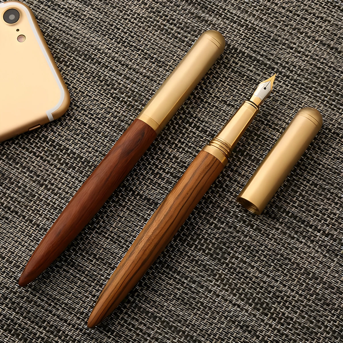 Brass and sandalwood fountain pen with 0.7mm nib on white background