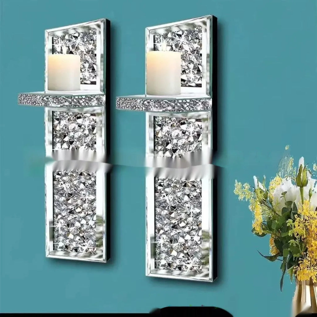 Pair of modern silver mirror wall candle holders with crystal candlesticks, dimensions 10x11x38cm.