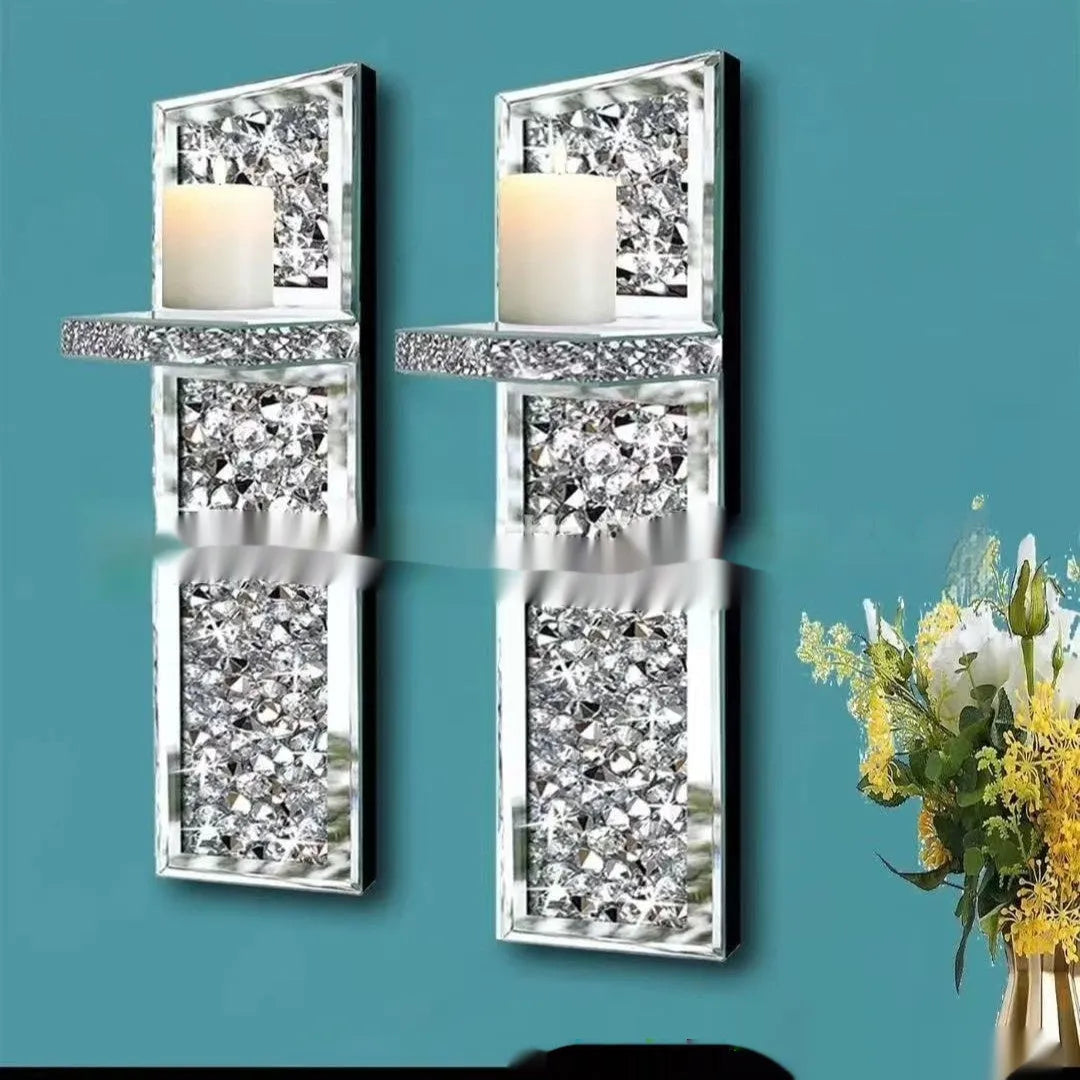 Pair of modern silver mirror wall candle holders with crystal candlesticks, dimensions 10x11x38cm.
