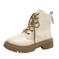 Women's winter Martin boots in beige cotton with mid heel, PU upper, and rubber sole