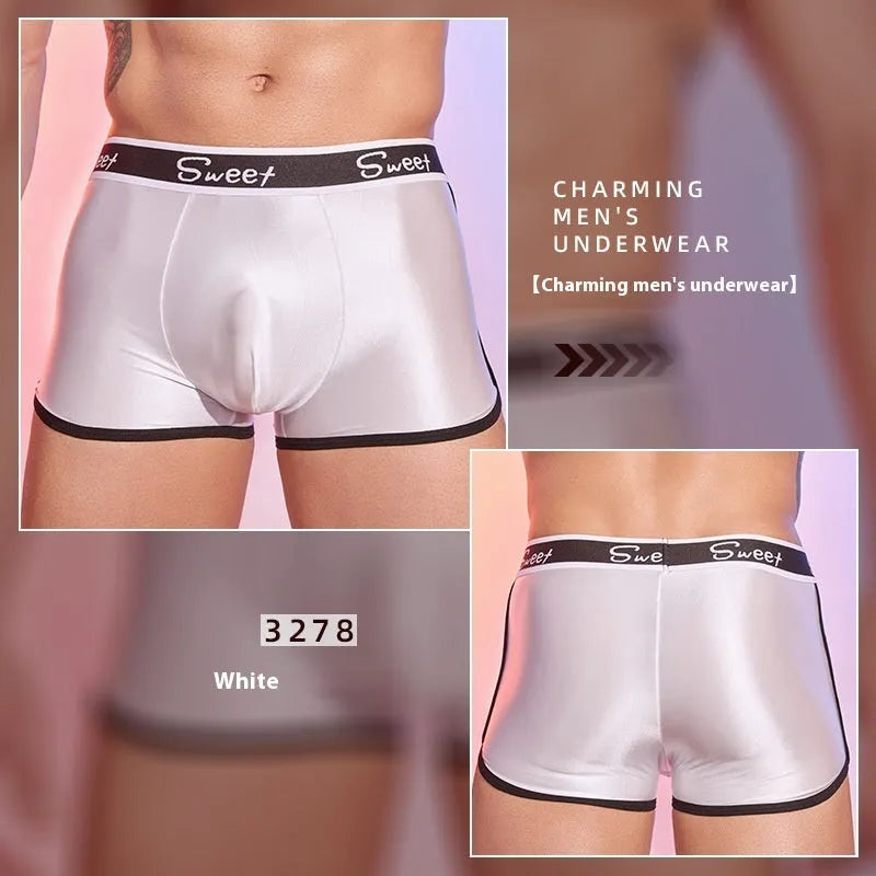 Men's shiny silky nylon boxer shorts in black, white and sapphire blue colours