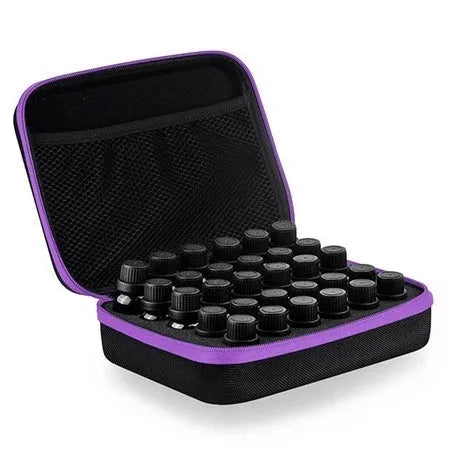 Red EVA cube essential oil storage bag with 30 compartments and a zip, shown next to bottles.
