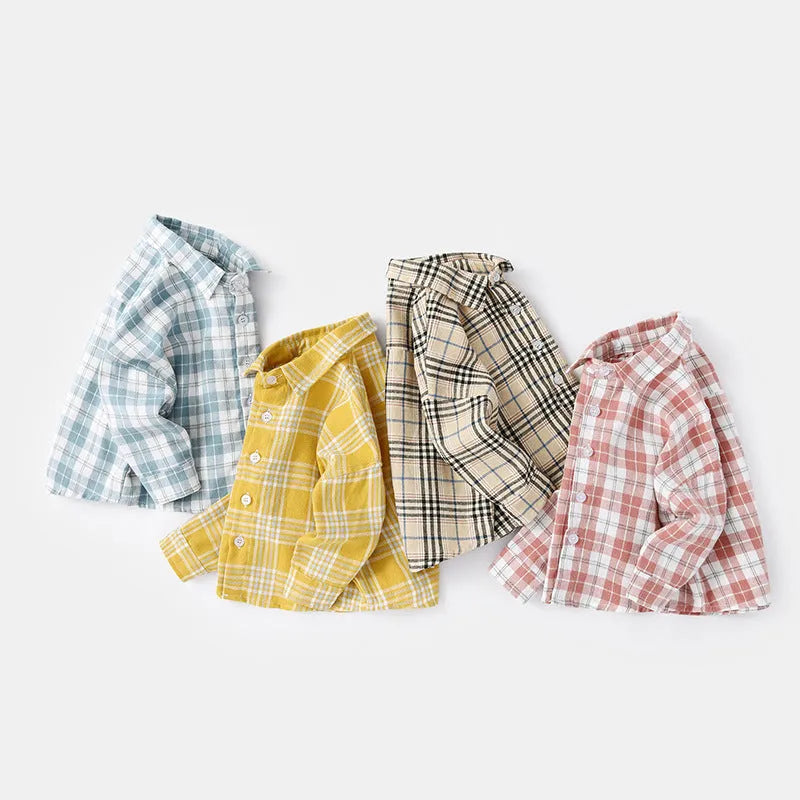 Boy's cotton lattice long sleeve shirt in khaki, light blue, pink, or yellow with animal/cartoon pattern