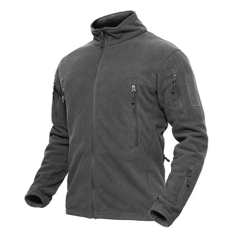 Men's military fleece jacket in black, grey, or army green with zip closure, turn-down collar, and cashmere lining.
