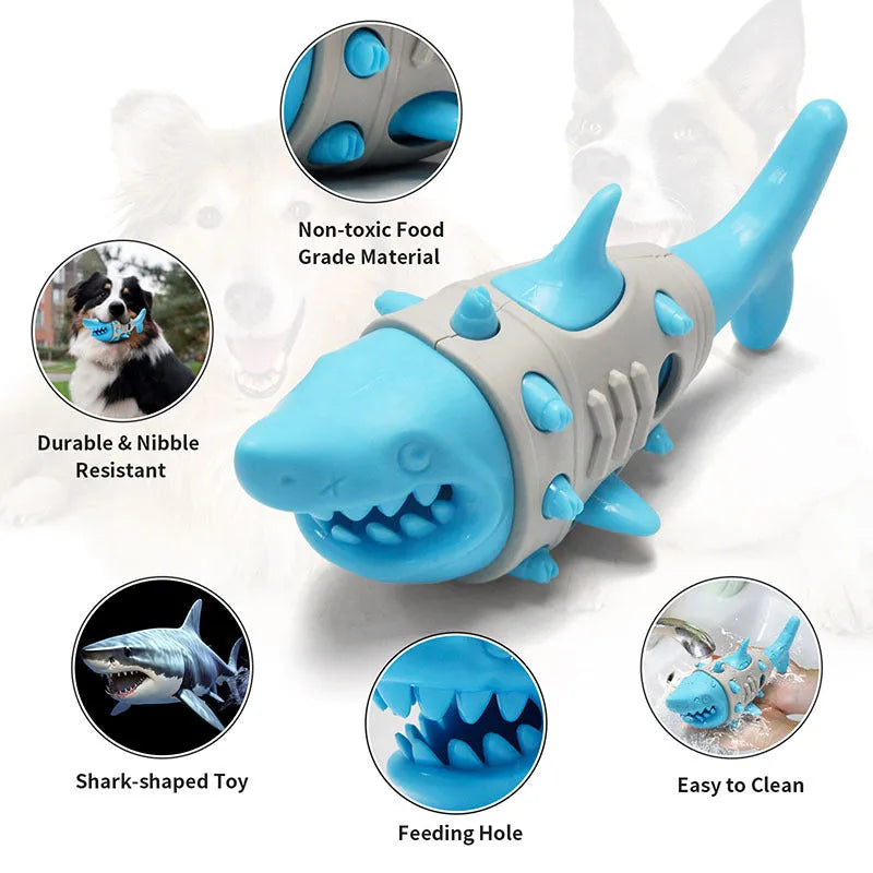 Blue, grey, and yellow shark-tooth shaped dog teething toy with textured surface