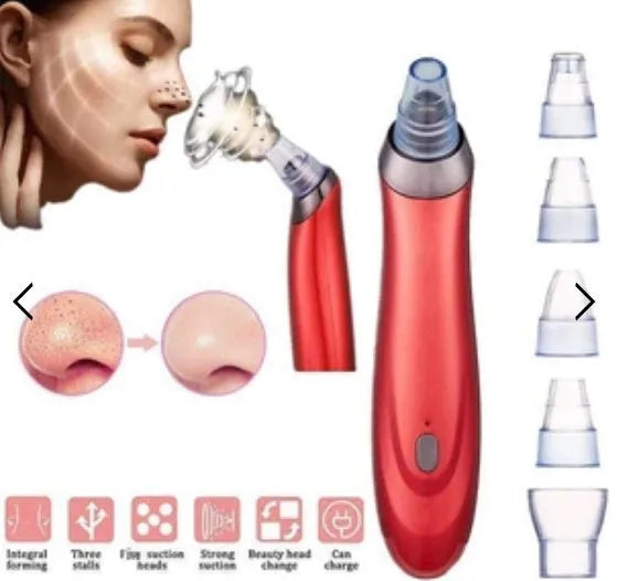 Handheld electric blackhead remover device in black with multiple nozzle attachments.