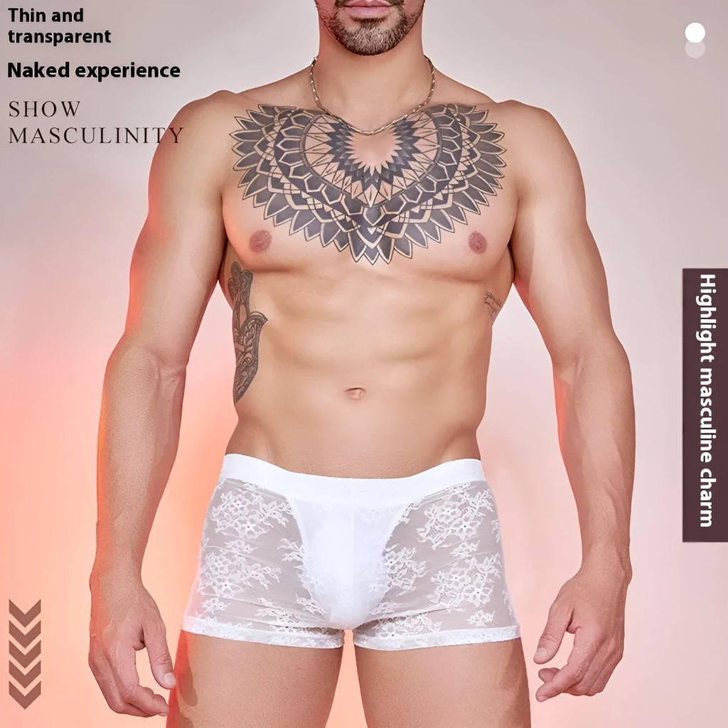 Men's black boxer shorts with a white lace trim detail around the leg openings.