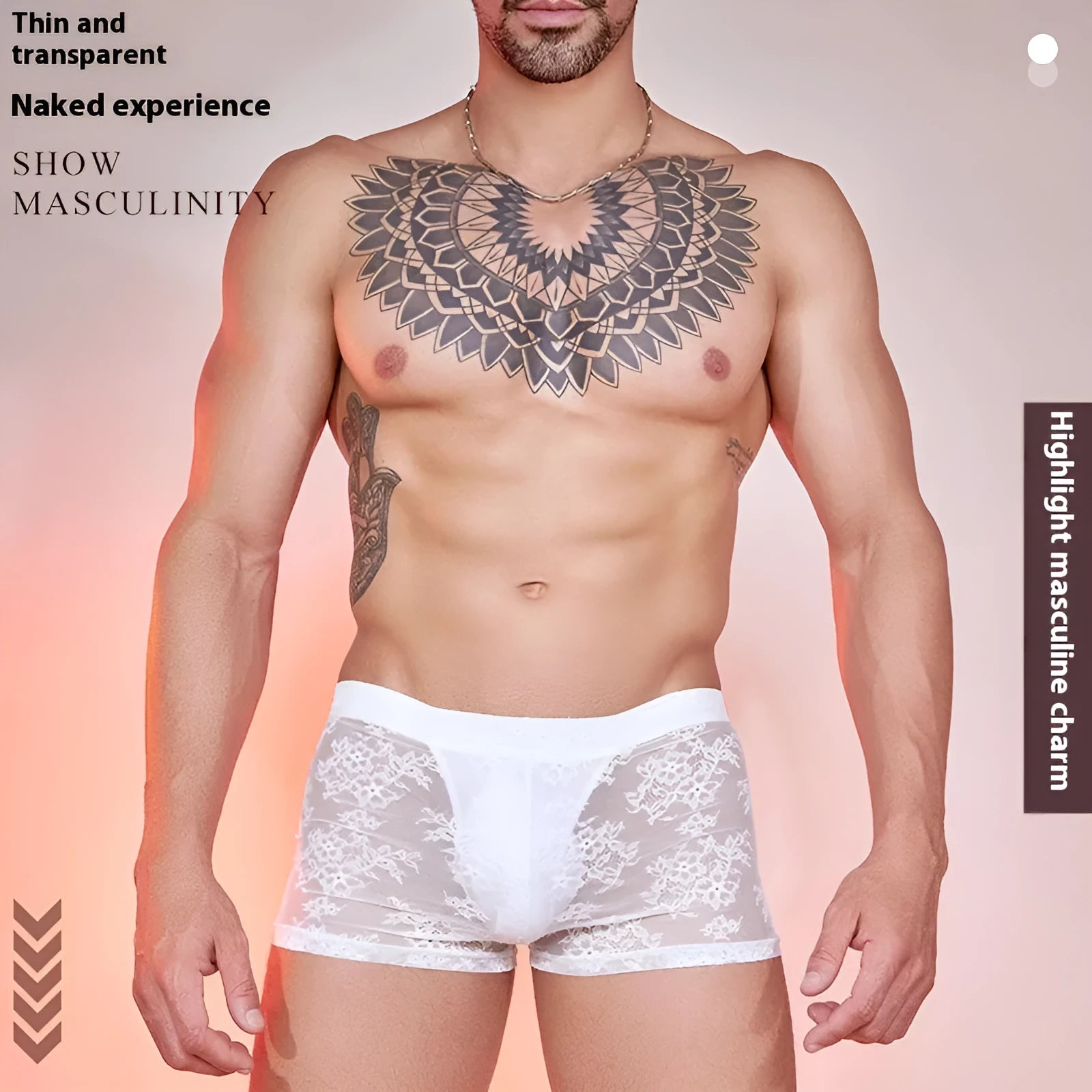 Men's black boxer shorts with a white lace trim detail around the leg openings.