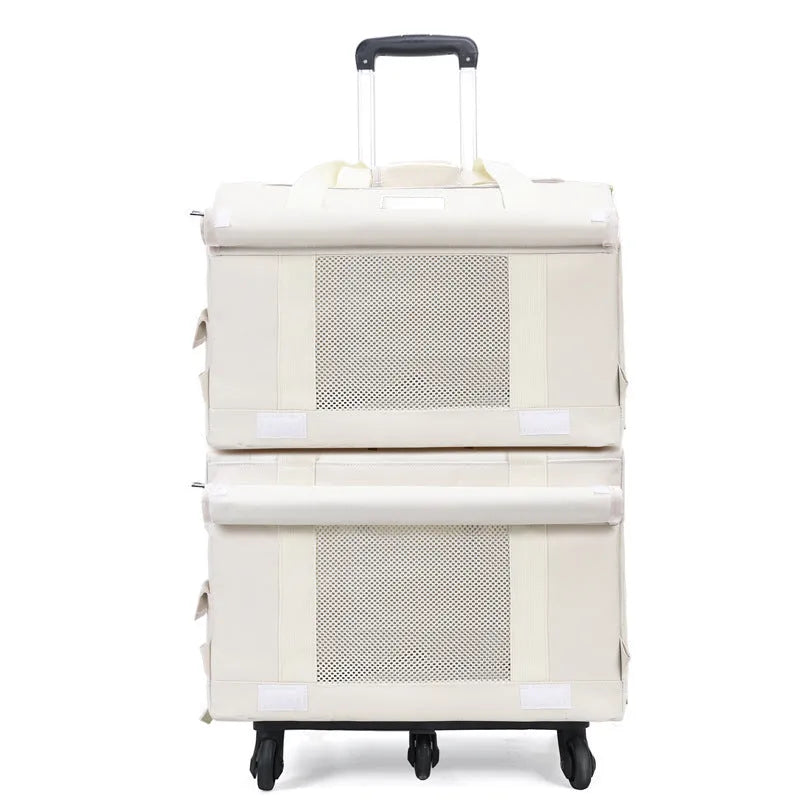 Pet trolley double-deck bus shape cat carrier bag in brown nylon with wheels and top handle