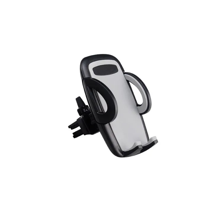 Black plastic car mobile phone holder mounted on air conditioning vent holding smartphone