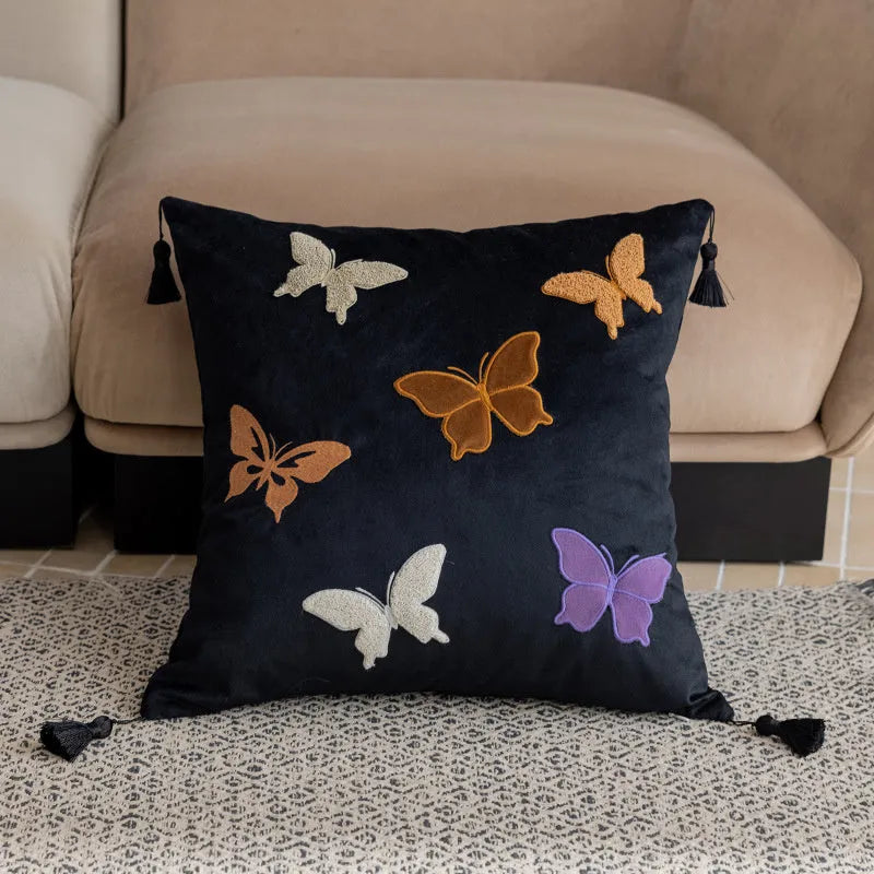 Square 45x45cm cushion with Chinese style butterfly embroidery in beige, black or purple colours