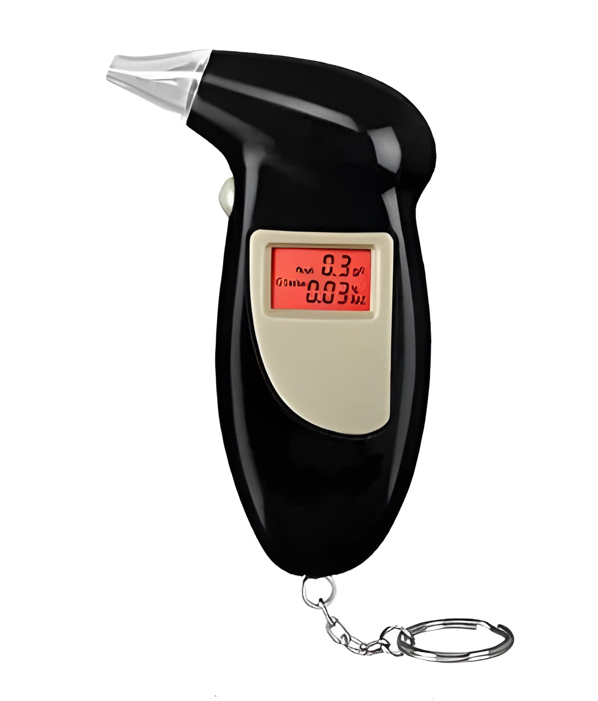 Black digital alcohol breath tester with key chain and LCD display, includes 4 nozzles, size 110x70x25 mm