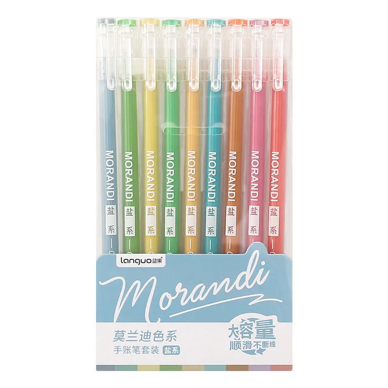 Nine gel pens in plastic case with retro Japanese colours including Nordic, salt, and sweet series themes