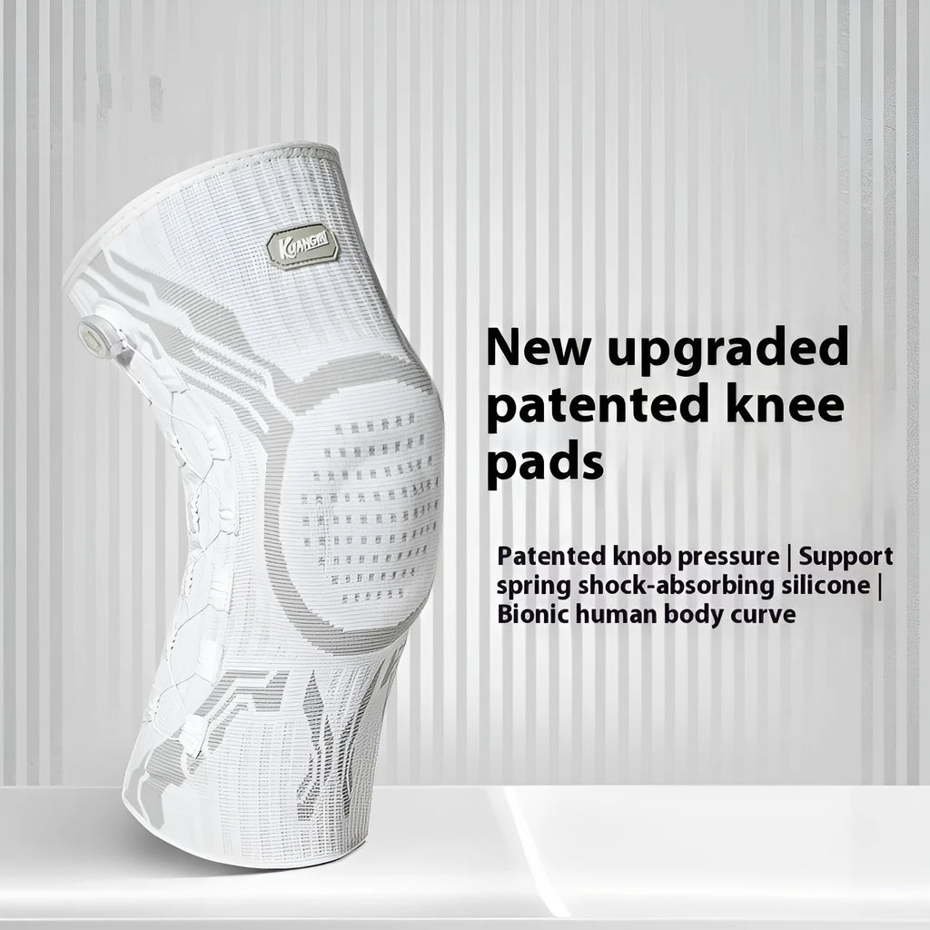 Grey and white sports kneecaps with left and right specific design for basketball, running, football, badminton