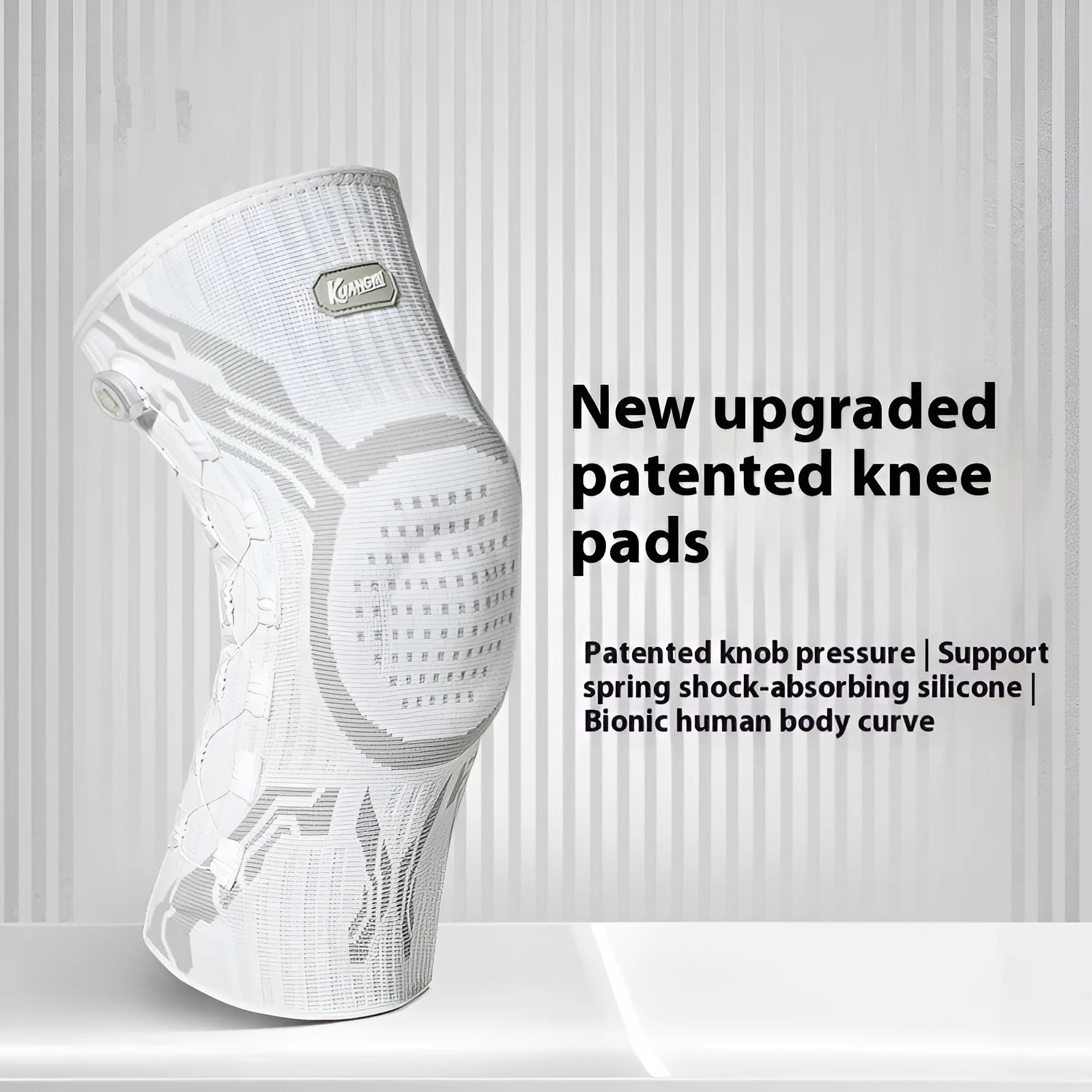 Grey and white sports kneecaps with left and right specific design for basketball, running, football, badminton