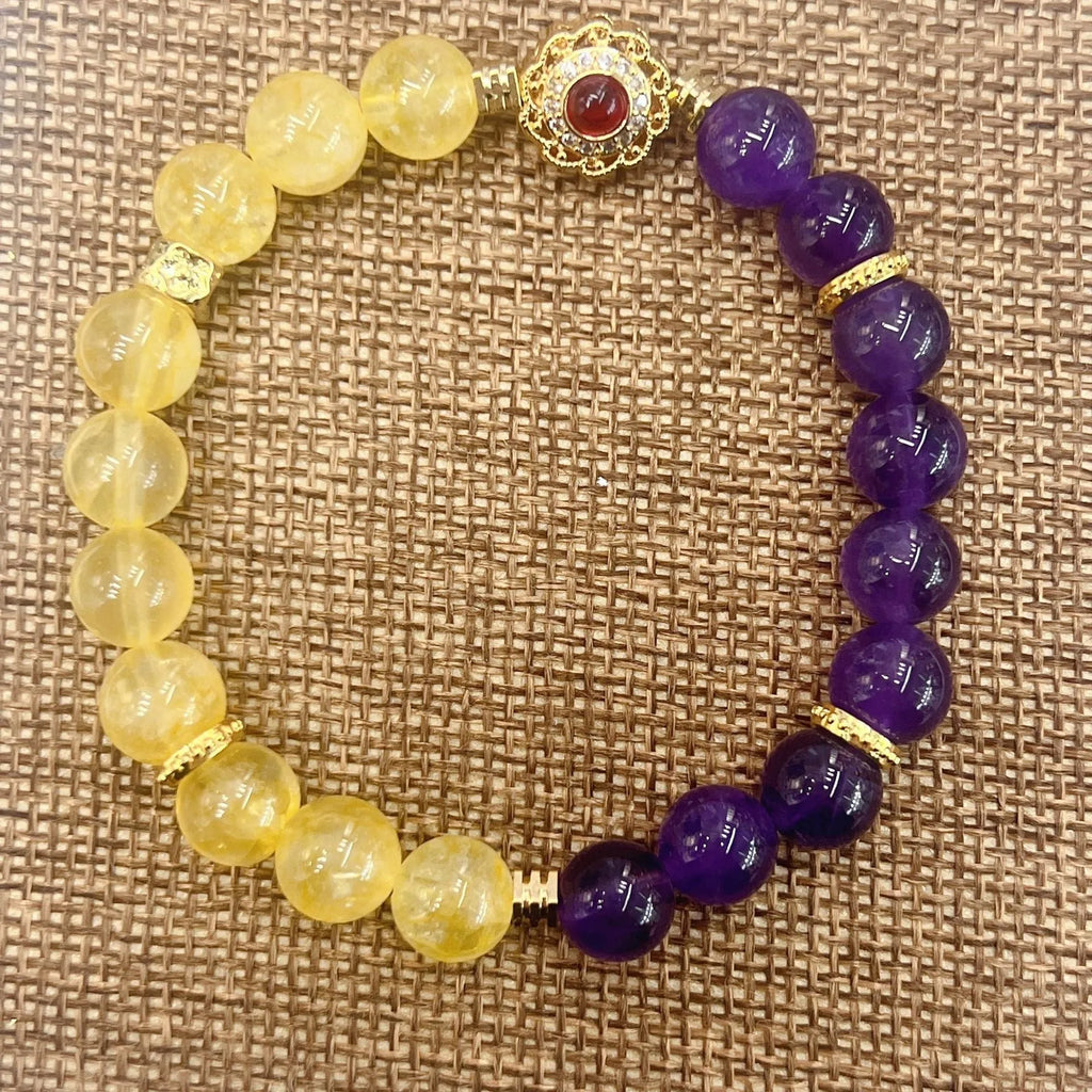Handmade yellow and purple crystal bracelet with amethyst beads for women