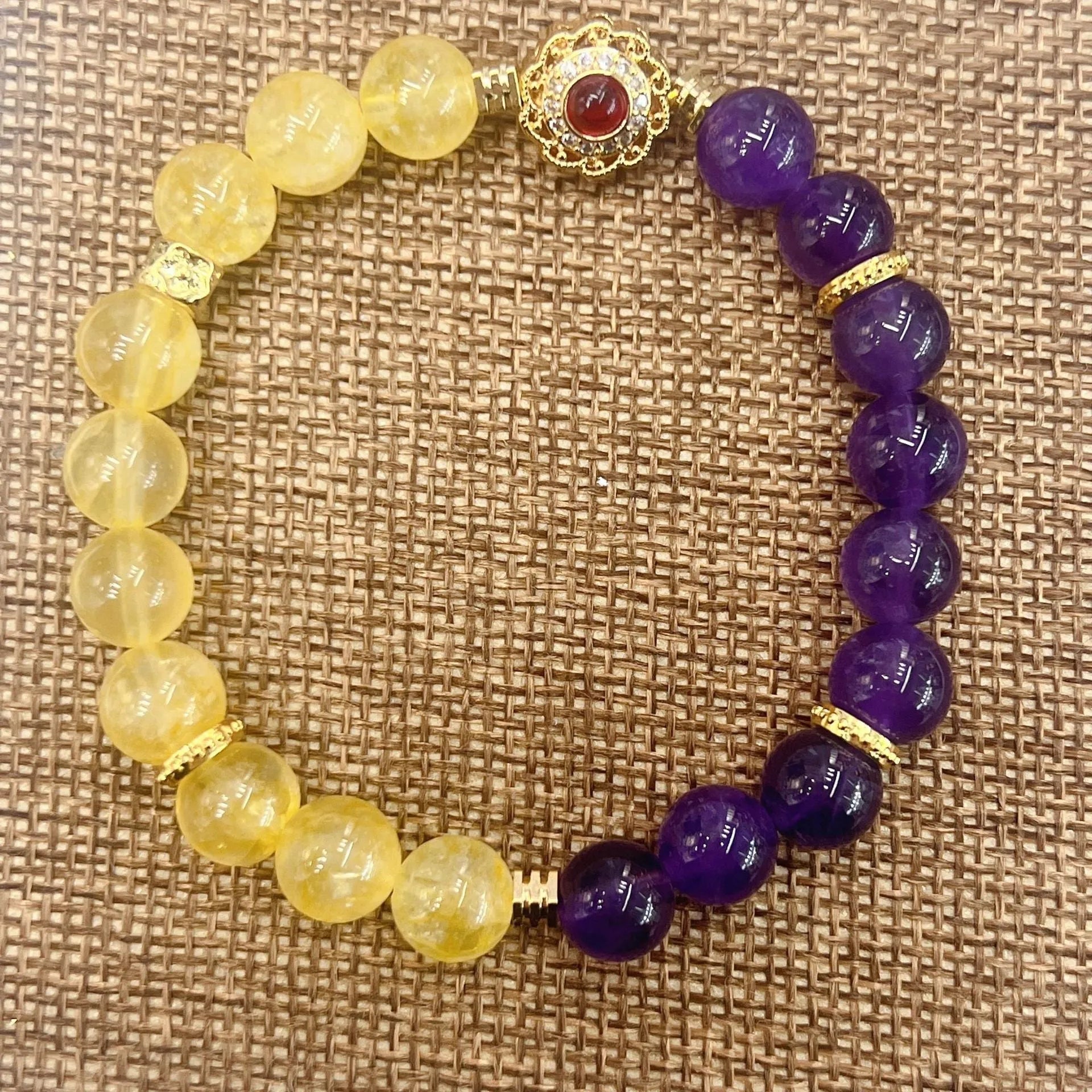 Handmade yellow and purple crystal bracelet with amethyst beads for women