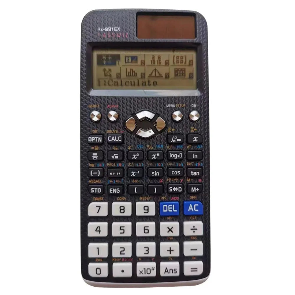 CASIO FX-991EX scientific calculator in black, blue, or pink with solar panel and display.